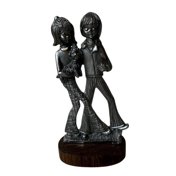 Peltro Cessallato Pewter Sculpture Boy Girl With Dog On Wooden Base 5" T - Picture 2 of 9